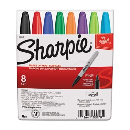 Dymo Sharpie, FINE TIP PERMANENT MARKER, ASSORTED COLORS, 8 Pieces 30078